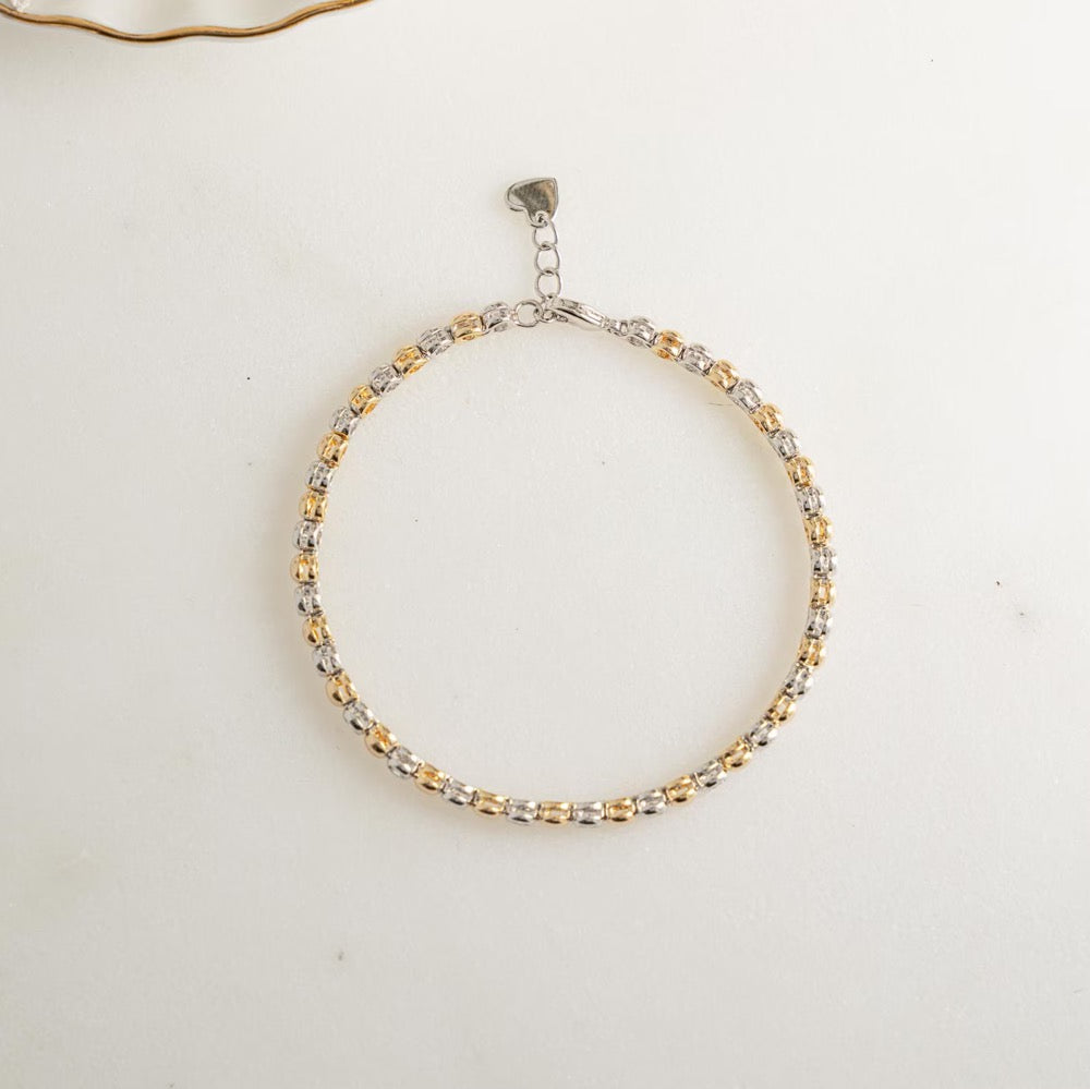Mixed Metal Tennis Bracelet, Bezel Tennis Bracelet, Two Tone Jewelry, Beaded Bracelet, Diamond Bracelet, Stackable Bracelet, Gift for Her