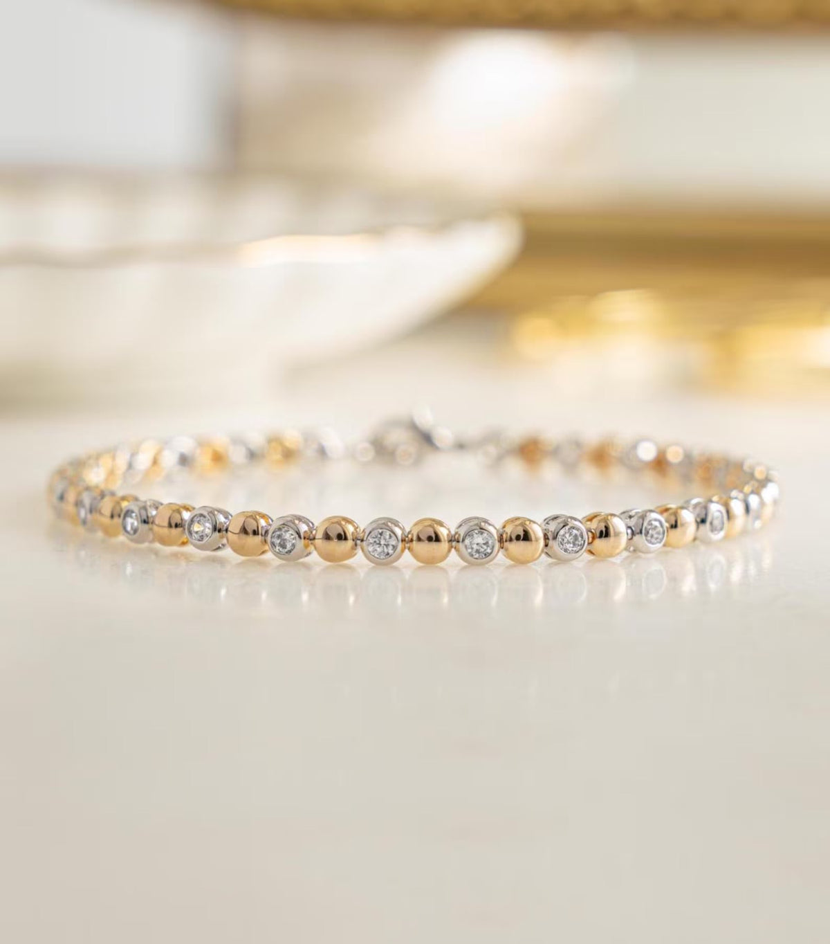 Mixed Metal Tennis Bracelet, Bezel Tennis Bracelet, Two Tone Jewelry, Beaded Bracelet, Diamond Bracelet, Stackable Bracelet, Gift for Her